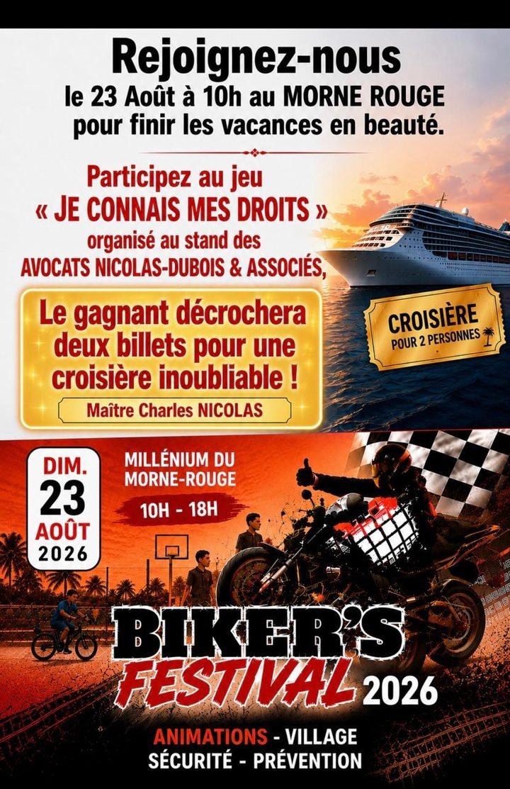 Affiche du Biker's Festival 2026, dimanche 23 août au Millénium du Morne-Rouge, avec le jeu Je connais mes droits du cabinet Nicolas-Dubois & Associés